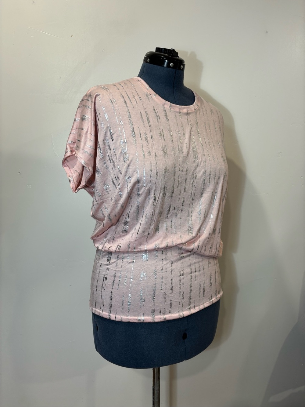 Women's Pink Metallic-Stripe Short Sleeve Tee